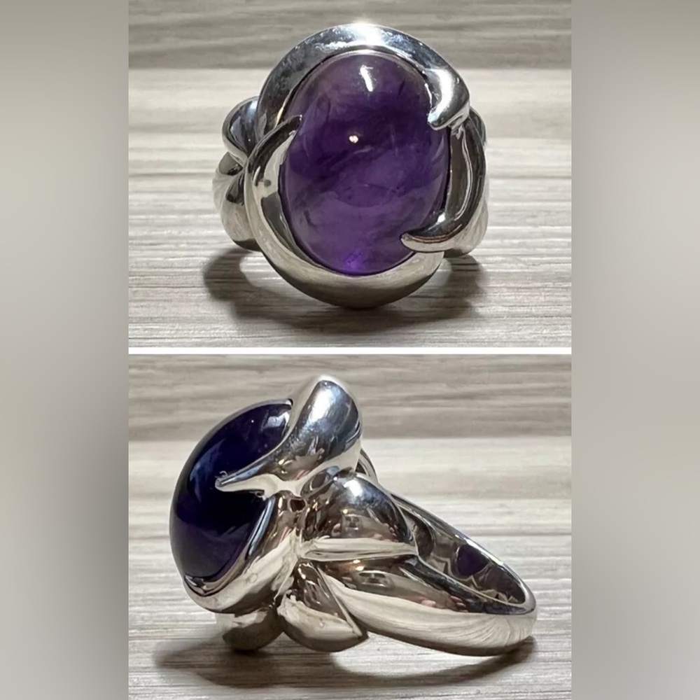Designer Sterling Silver Bold Amethyst Cabochon Swirl Cocktail Ring, Size 6